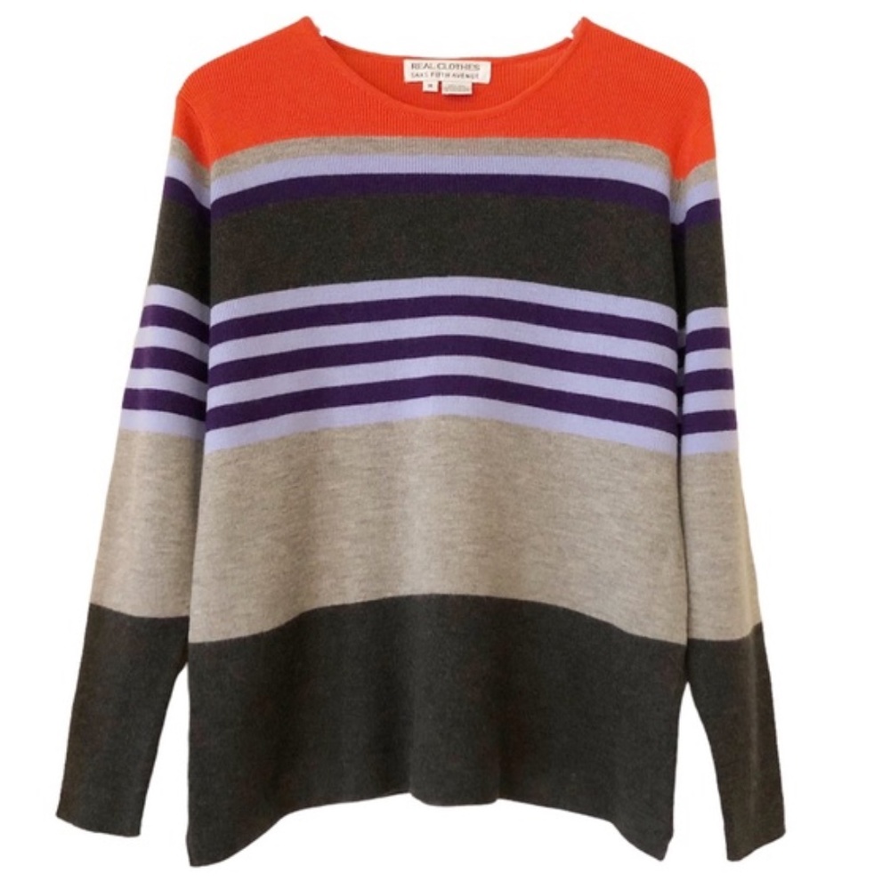 Saks | Wool Striped Color Block Sweater Gray Purple Orange